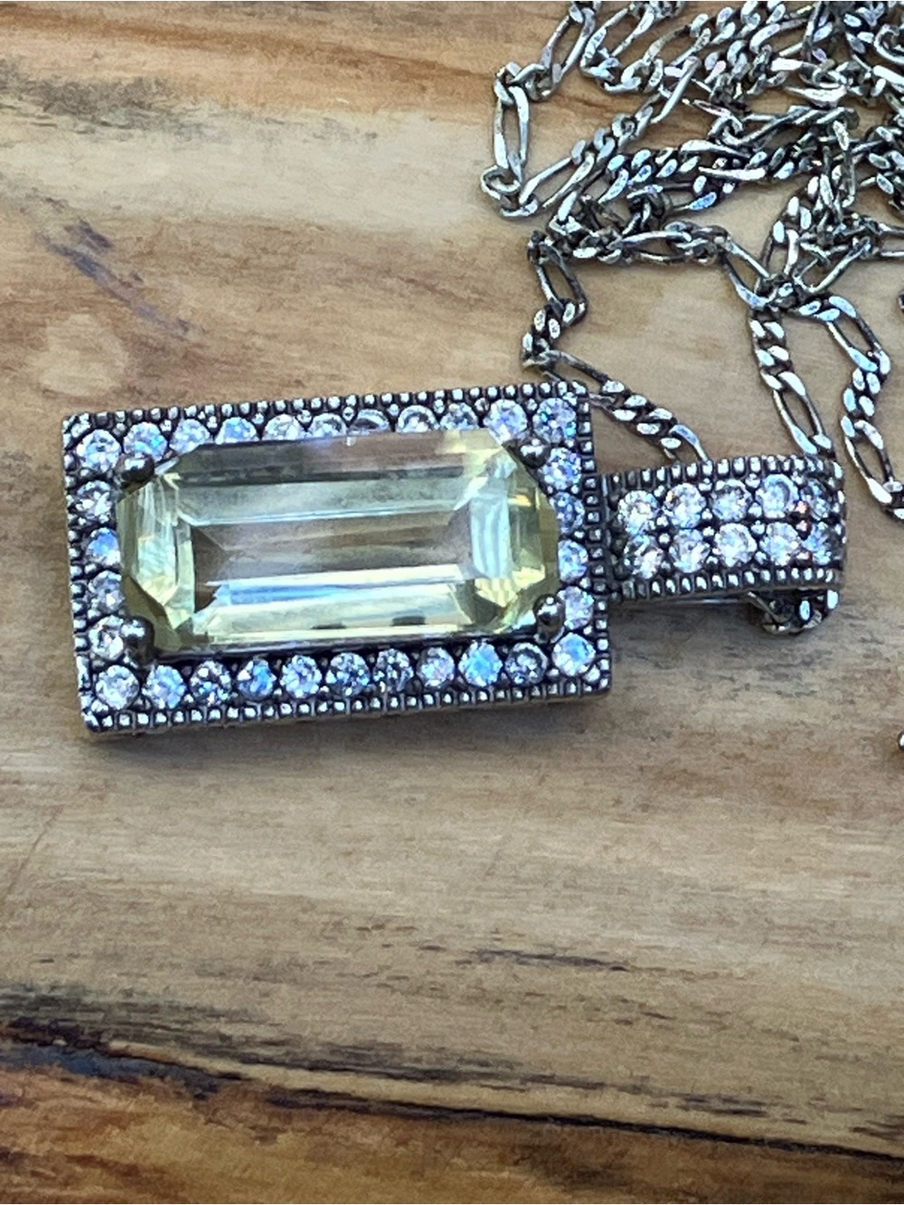 Fancy 925 Sterling Silver 18” Chain With Pendant Pale Yellow & Clear Stones - Picture 3 of 10